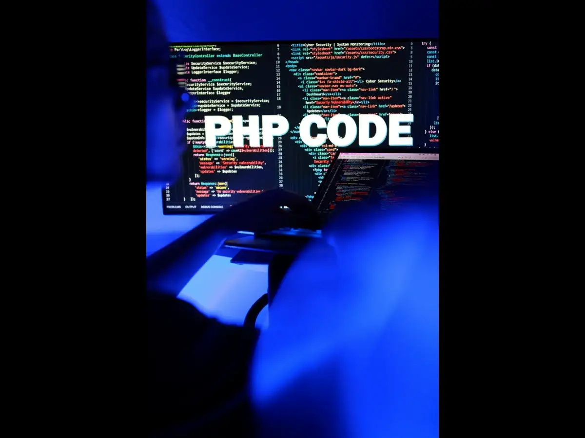 Illustration shows "PHP Code" text and PHP code